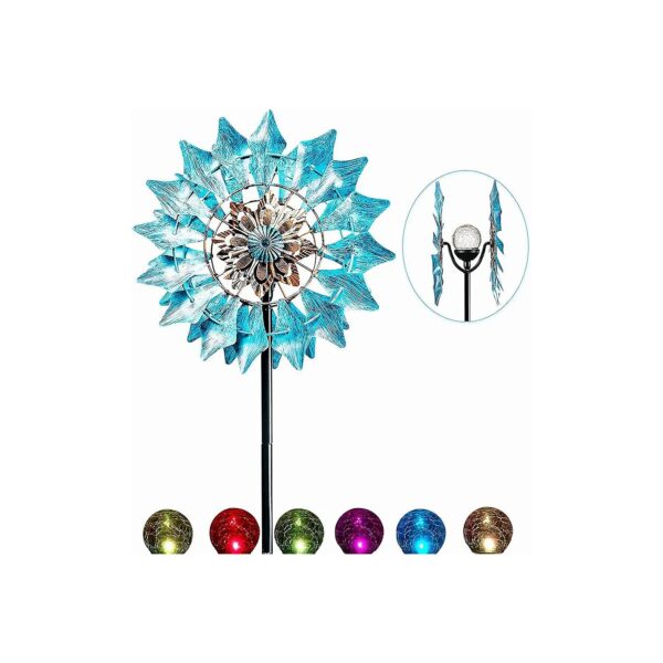 Steel and Glass Kinetic Wind Spinner with Solar Powered LED Lighting for Outdoor Ambience