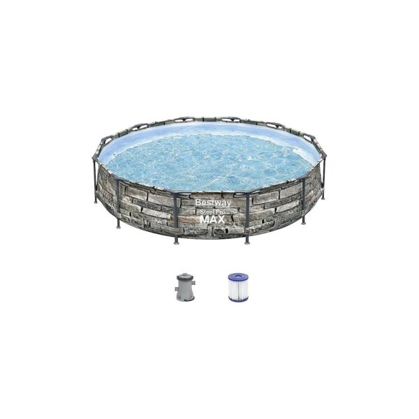 Stone Print Round Above Ground Pool Kit with Filter Pump and Repair Patch