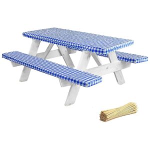 Stopping Blue Gingham Picnic Table Cover with Bench Covers - 72 x 30, 6ft