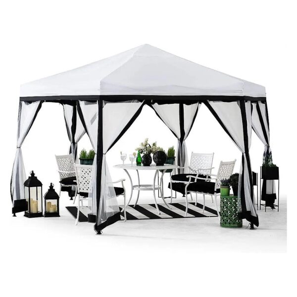 Sturdy 11x11 ft Hexagon Steel Frame Pop Up Gazebo with White Canopy and Mesh Sidewalls