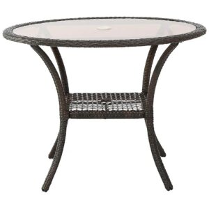 Sturdy Wicker Frame Glass Top Dining Table in Multicolor Brown