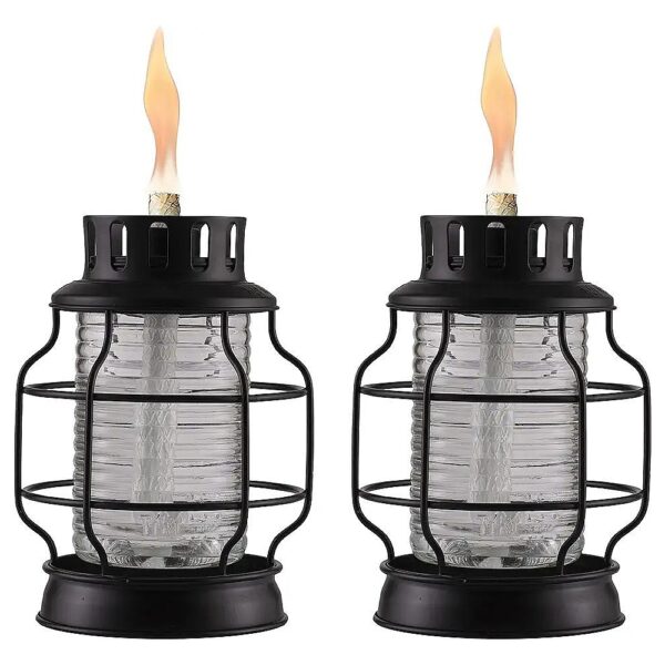 Tabletop Torch Lantern with Black Metal Accents and Classic Style