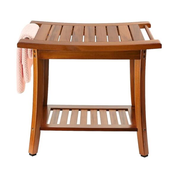 Teak Shower Bench Seat with Storage Towel Shelf and Handles for Bathroom