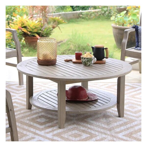 Teak Wood Patio Coffee Table with Spacious Top and Storage, Weathered Gray Finish