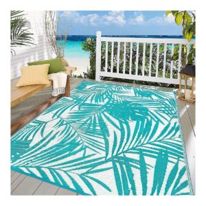 Teal Colored Outdoor Rubber-backed Plastic Straw Rug for Patio, Deck, or Balcony