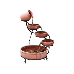 Terracotta-Finished Solar Water Fountain with LED Lighting and Battery Option