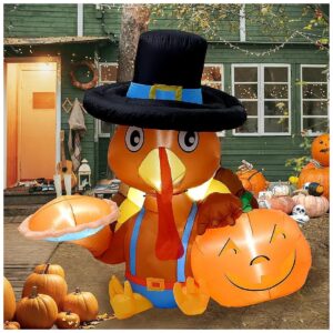 Thanksgiving Inflatable Turkey with Pumpkin, LED Lights, 6FT