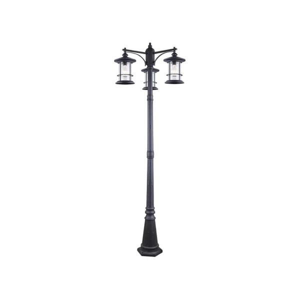 Three-Light Outdoor Post-Light with Black Finish and Glass Lamps