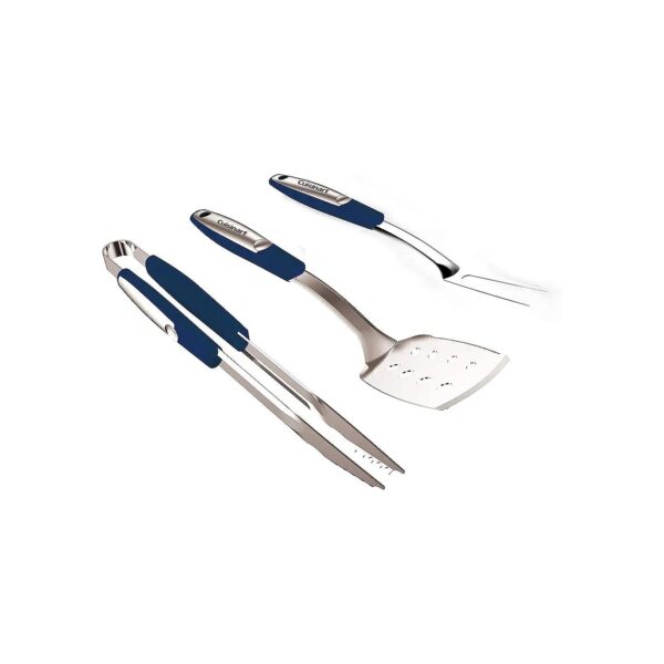 Three-Piece Stainless Steel Grilling Tool Set with Navy Blue Handles