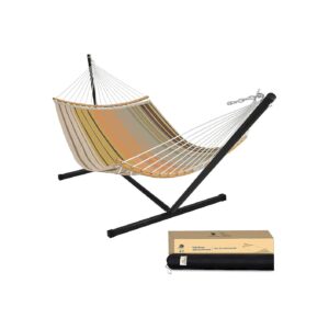 Two Person Hammock with Curved Bamboo Spreader Bar and Portable Steel Stand