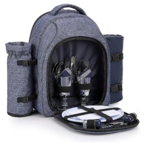 Two-Person Navy Picnic Backpack with Insulated Cooler and Blanket