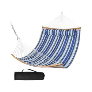 Two-Person Portable Hammock with Curved Spreader Bar and Hand-Woven Ropes in Blue Stripes