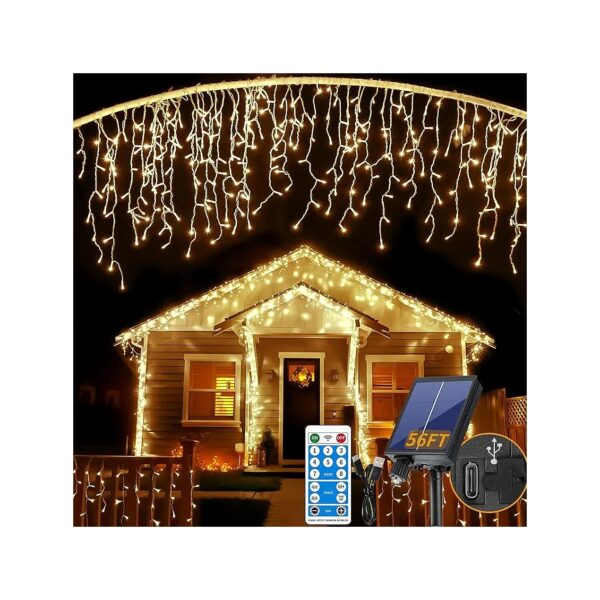 Warm White Solar Icicle Lights for Indoor or Outdoor Decoration - 56ft 506 LED Lights