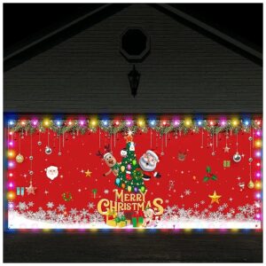 Washable 7x16 ft Polyester Christmas Garage Door Banner with LED Lights and Black Rope