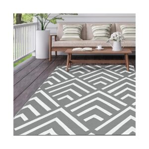 Waterproof Grey and White Outdoor Rug for Camping RV or Patio with Stakes and Loops