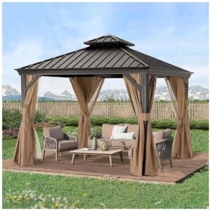 Waterproof Hardtop Gazebo Pavilion with Netting Curtain for Garden