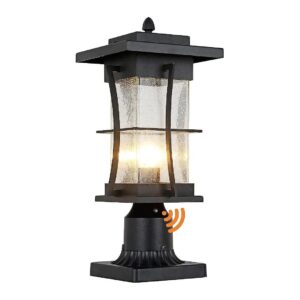 Waterproof Outdoor Post Light with Seeded Glass Shade Black Finish and Automatic Sensor