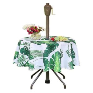 Waterproof Outdoor Round Tablecloth With Umbrella Hole And Zippered Closure Palm Leaf