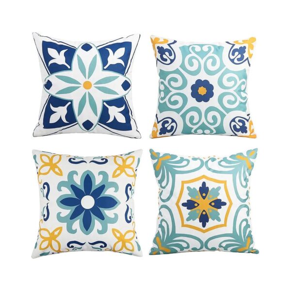 Waterproof Polyester Throw Pillow Covers Set of 4 Bohemian Floral Print Blue