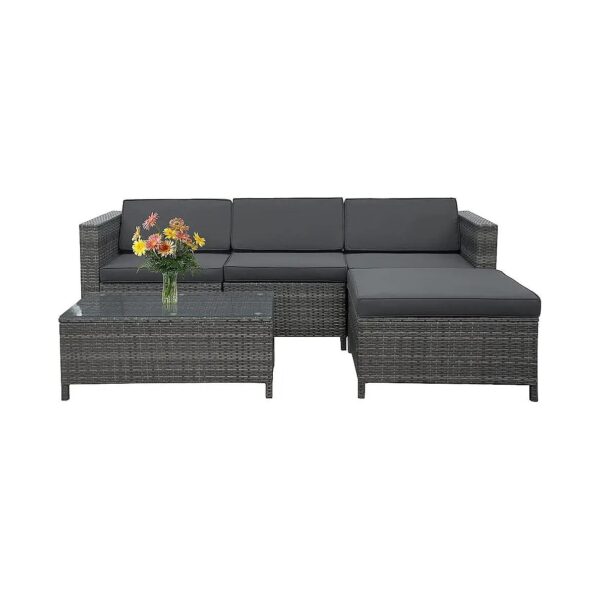 Weather Resistant 5 Piece Rattan Outdoor Patio Sectional Furniture Set with Grey Fabric