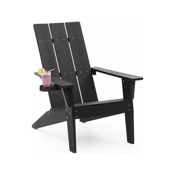 Weather Resistant Black Adirondack Chair with Cup Holder for Outdoor Fire Pit Seating