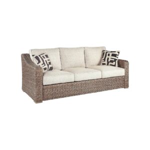 Weather-Resistant Wicker Patio Sofa with Cushion and Pillows, Beige for Poolside Seating