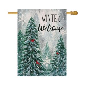 Welcoming Winter with Cardinal Red Bird and Snowflakes on This Burlap Outdoor House Flag