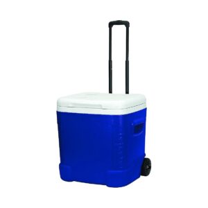 Wheeled Cooler with Insulated Body and Push Button Handle for Long-Term Ice Preservation