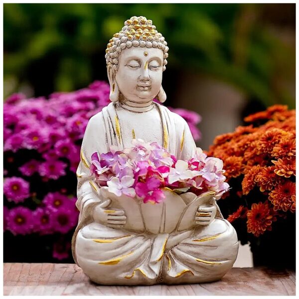 White Buddha Statue with Lotus and Glass Stones for Home or Garden Decor