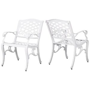 White Cast Aluminum Outdoor Patio Arm Chair Set of Two Arm Rest Chairs for Backyard