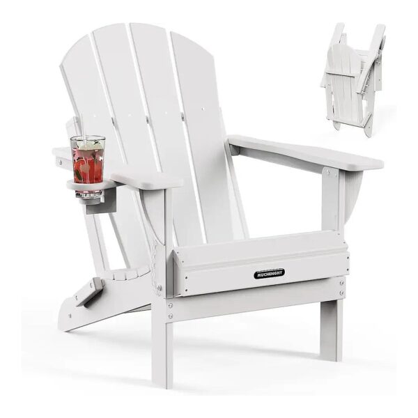 White Folding Adirondack Chairs with Cup Holder and Weather Resistant Frame