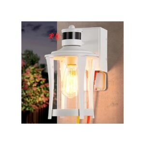 White Modern Outdoor Porch Lights with GFCI Outlet and Dusk to Dawn Motion Sensor