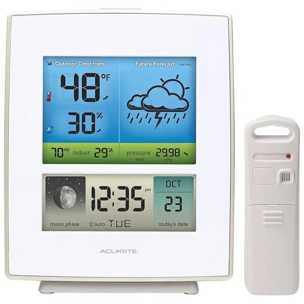 White Modern Weather Station with Forecast Temperature Humidity and Moon Phase Display