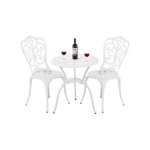 White Outdoor Cast Aluminum 3 Piece Patio Bistro Set with Umbrella Hole