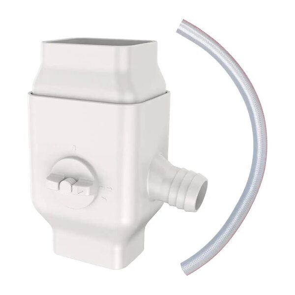 White Rainwater Diverter for 2"x3" Standard Downspout with Adjustable Valve and 4ft Hose