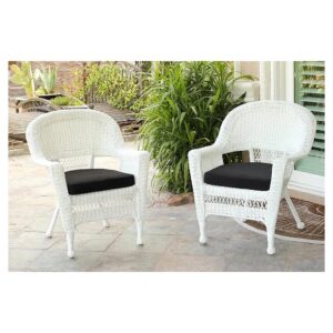 White Resin Wicker Chair with Black Cushion Set of Two