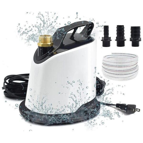 White Submersible Pool Cover Pump with 25' Power Cord and 4 Adapters for Easy Drainage