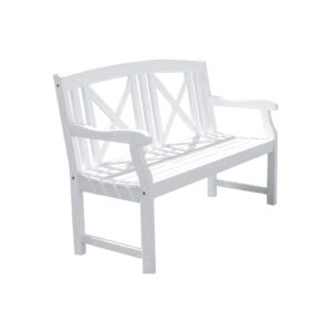 White-painted Wood Outdoor Bench with Curved Armrests and Contoured Seat