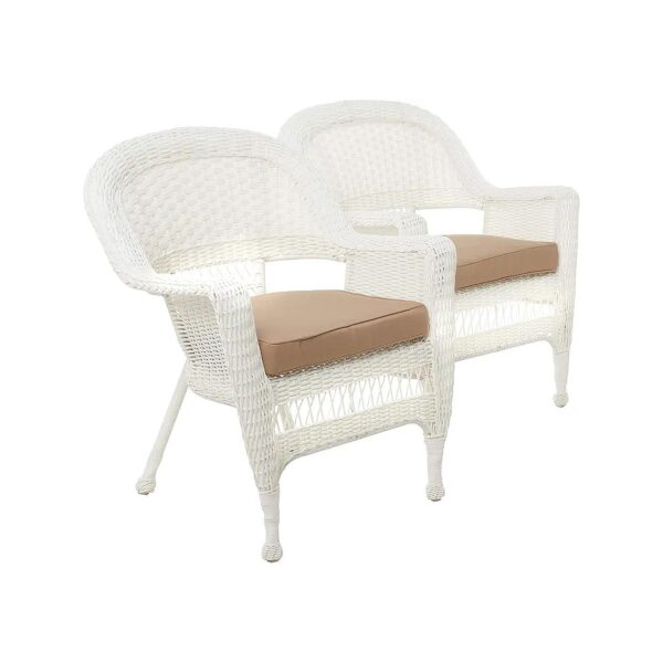 Wicker Chair with Tan Cushion Set in White and Steel Frame