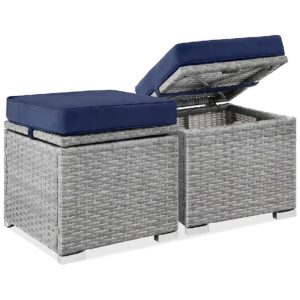 Wicker Ottoman Patio Furniture with Storage and Aluminum Legs Gray Navy