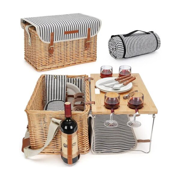 Wicker Picnic Basket for Four with Portable Bamboo Wine Snack Table