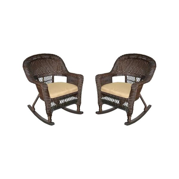 Wicker Rocker Chair with Tan Cushion Set of 2 Espresso Weather Resistant