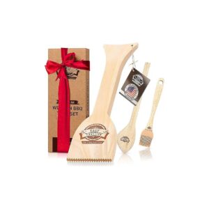 Wood Grill Scraper with Bonus Tongs and Basting Brush for Complete BBQ Set