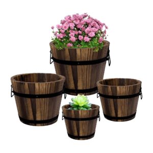 Wood Whiskey Barrel Planters Set with 4 Sizes for Indoor Outdoor Garden