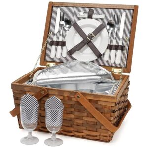 Woodchip Picnic Basket Set for Two with Large Woven Basket and Insulated Cooler