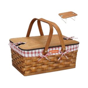 Woodchip Picnic Basket with Portable Wine Table and Grey Stripe Lining