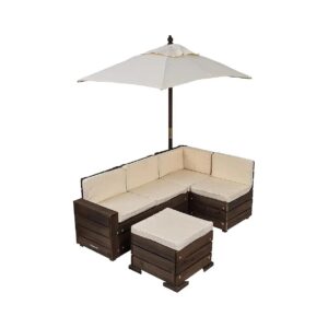 Wooden Ottoman and Umbrella Patio Furniture Set with Cushions for Kids and Pets