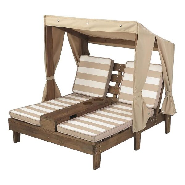 Wooden Outdoor Chaise Lounge with Storage and Cup Holders for Kids and Pets