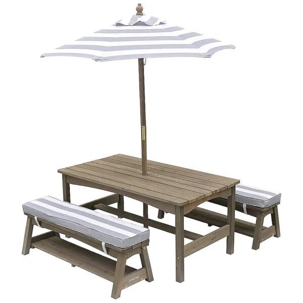 Wooden Outdoor Table and Bench Set with Foldable Umbrella for Kids Gray White Stripes