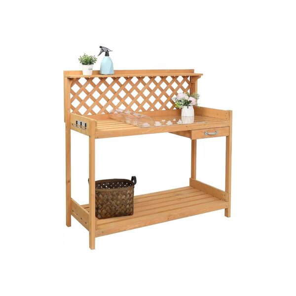 Wooden Potting Bench with Storage, Shelf, and Hooks for Gardening, Planting, and Potting